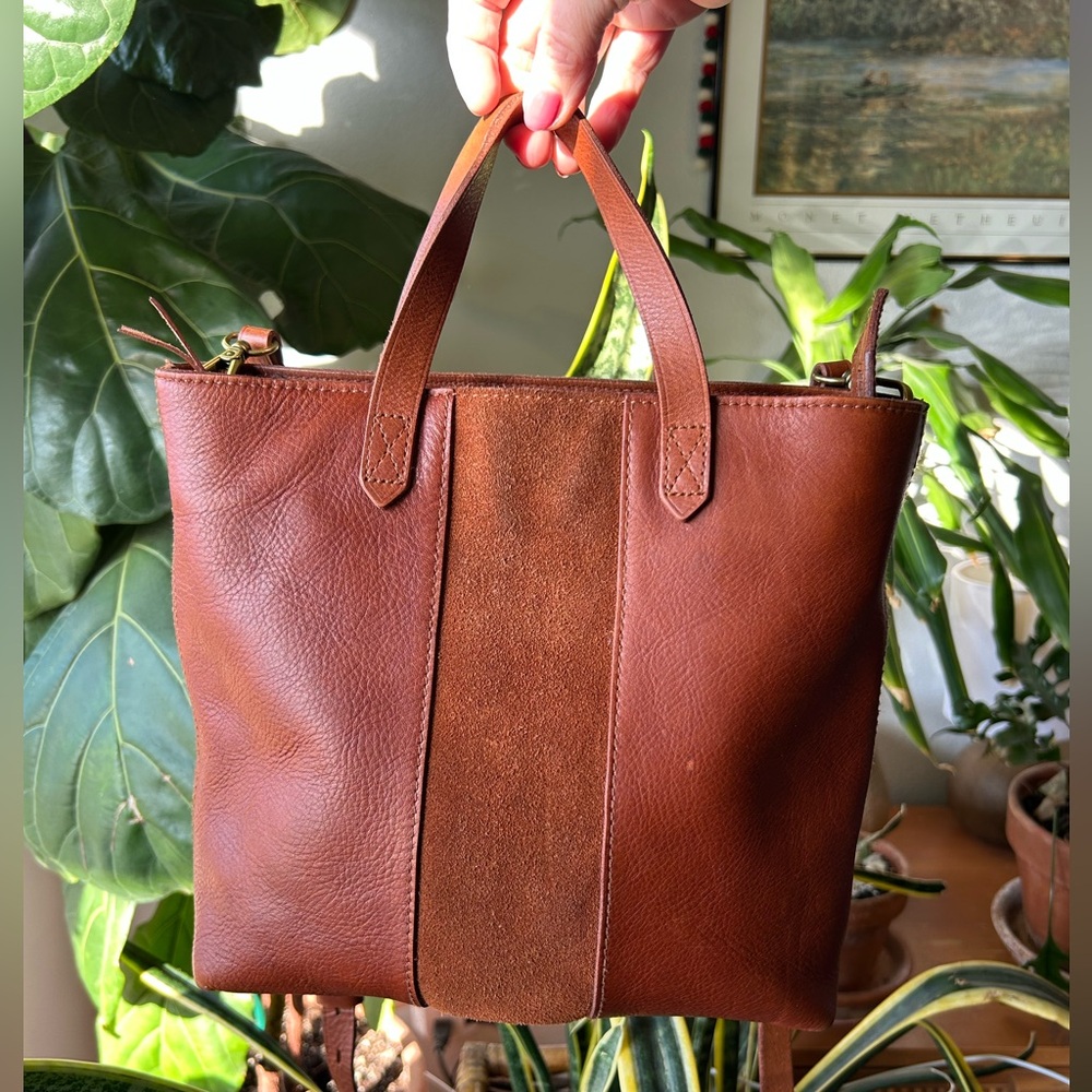 SOLD.   Madewell Tan Leather Medium Transport Tote with Suede Stripe